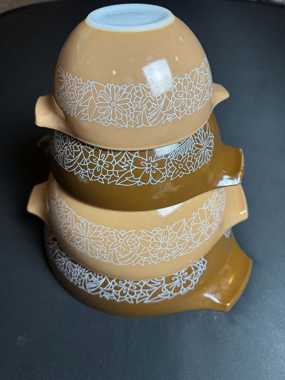 Vintage Pyrex Woodland Cinderella Mixing Bowl 4 Brown Tan Floral Nesting Bowls